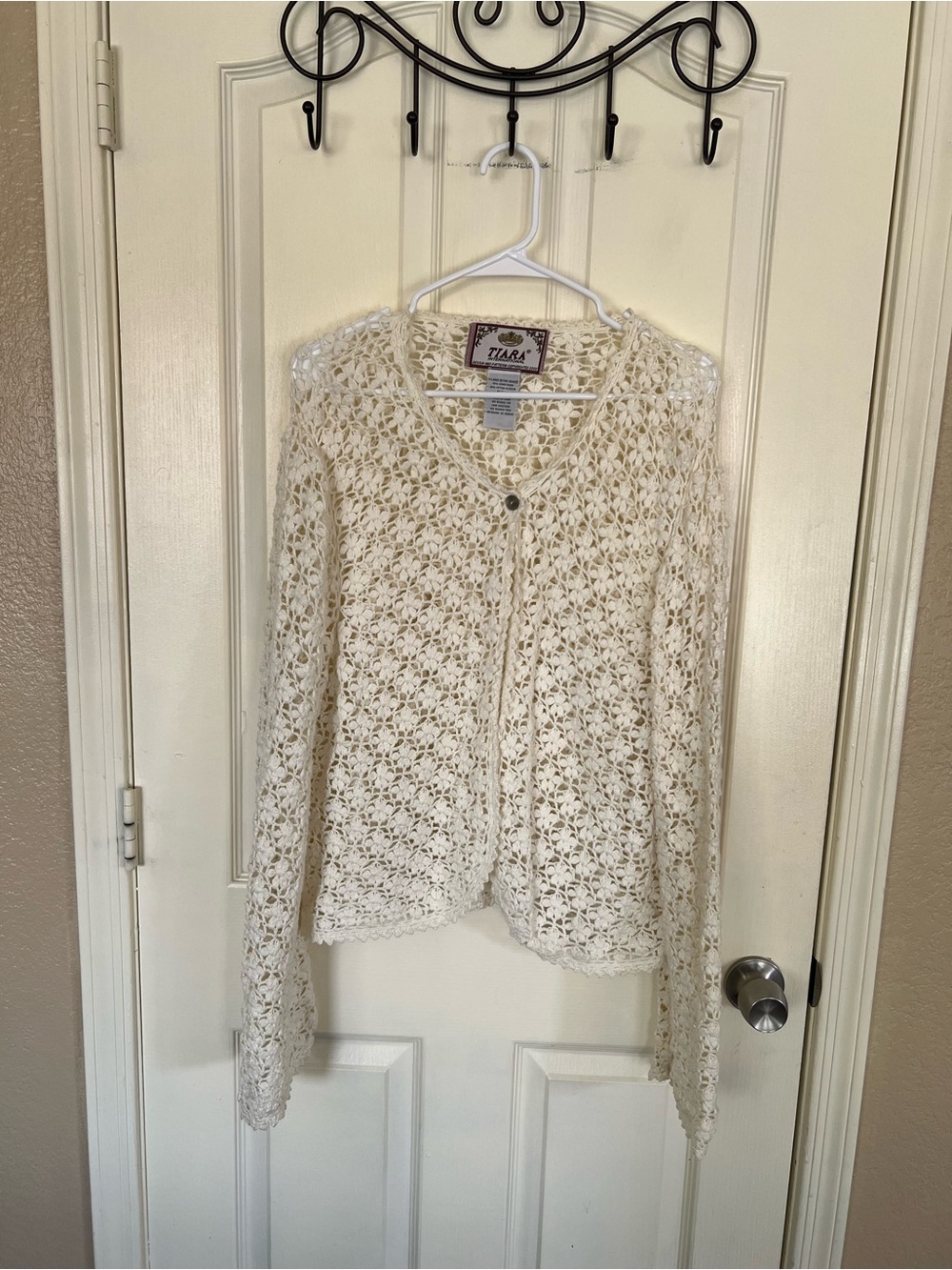 Tiara International White Crochet Cardigan XL Ramie Cotton Boho Y2K